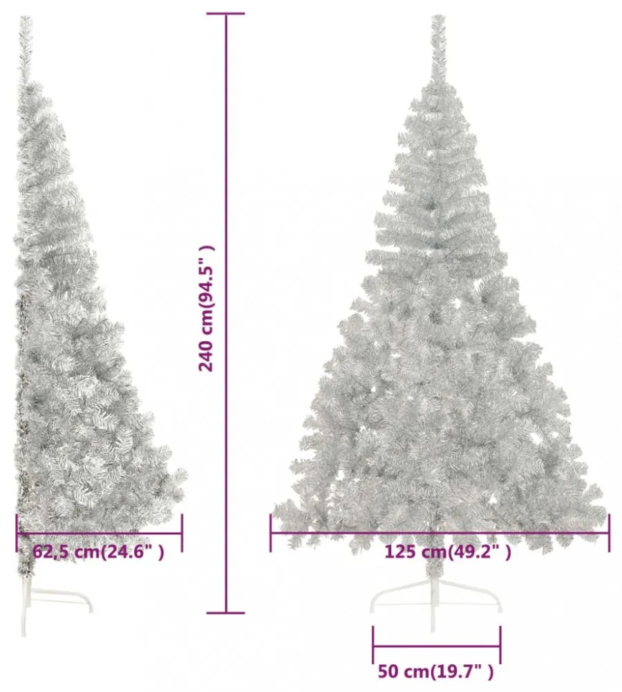 ezüstszínű PET fél műkarácsonyfa állvánnyal 240 cm