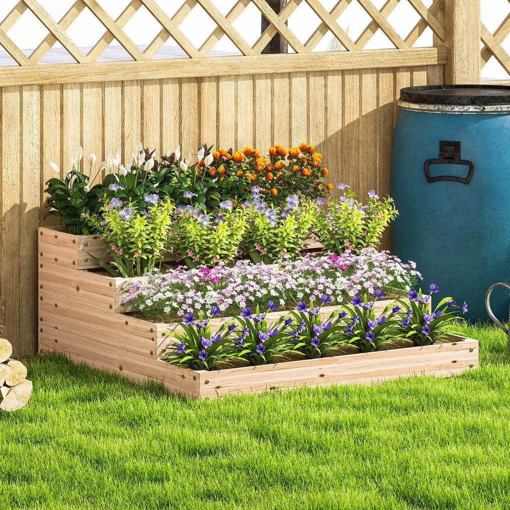Outsunny Négyzet alakú Kertifőző, Szilárd Fa Kertágy, Emelt Kertágy, Aljzat Nélkül, 4 Szint, Fűszernövényekhez, Zöldségekhez, Gyümölcsökhez, Virágokho