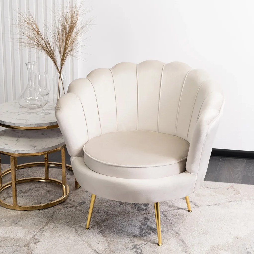 Elegáns Fotel Krém Bársony Kárpittal, Aranyszínű Lábakkal. ANGEL