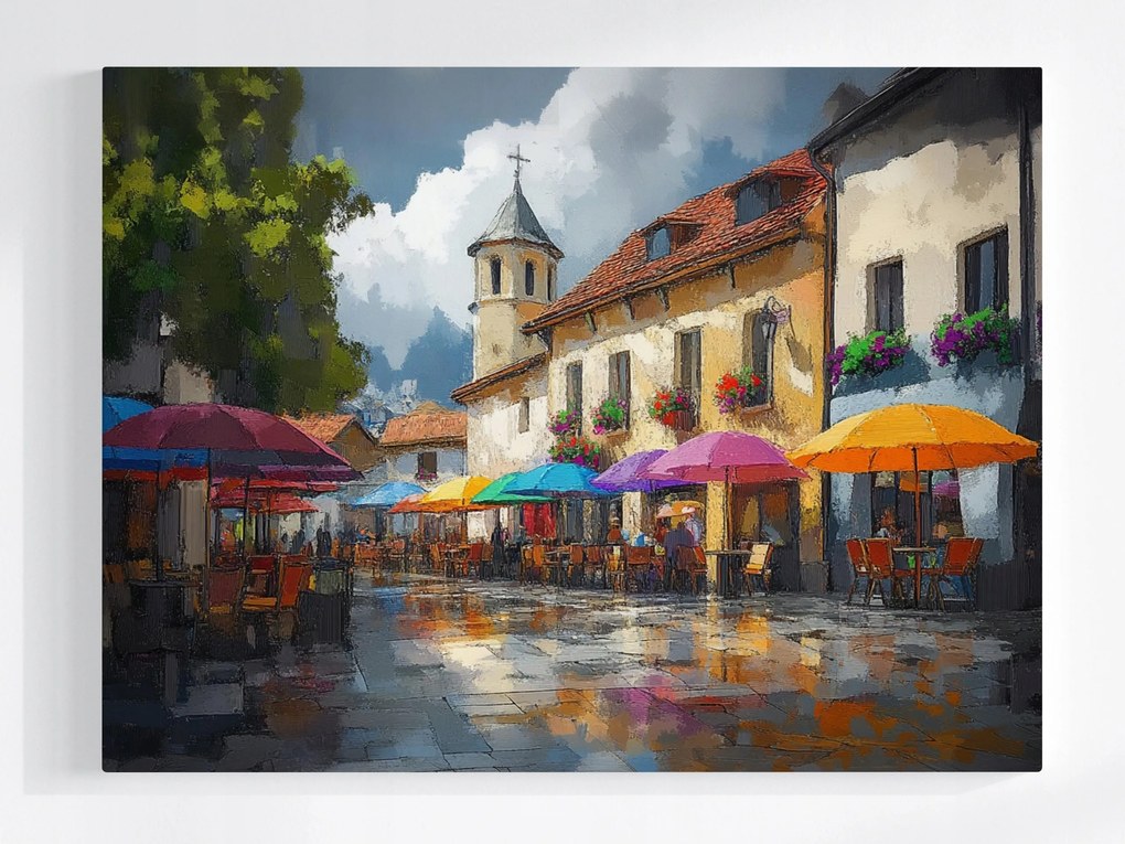 Poszter Város Tér Utca Kávézók Napernyők Templom 80x60