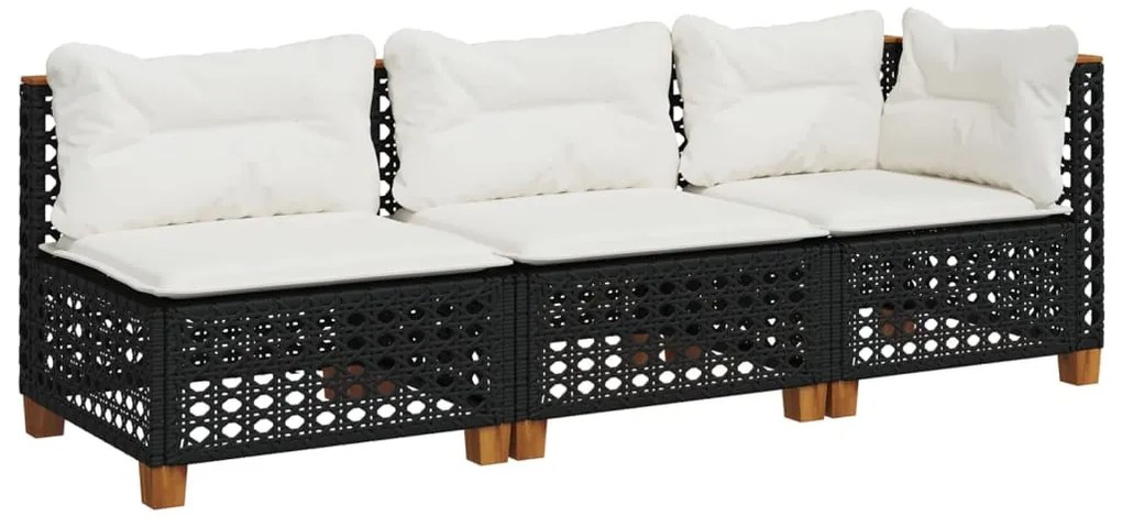 Fekete 3 személyes polyrattan kerti kanapé párnákkal