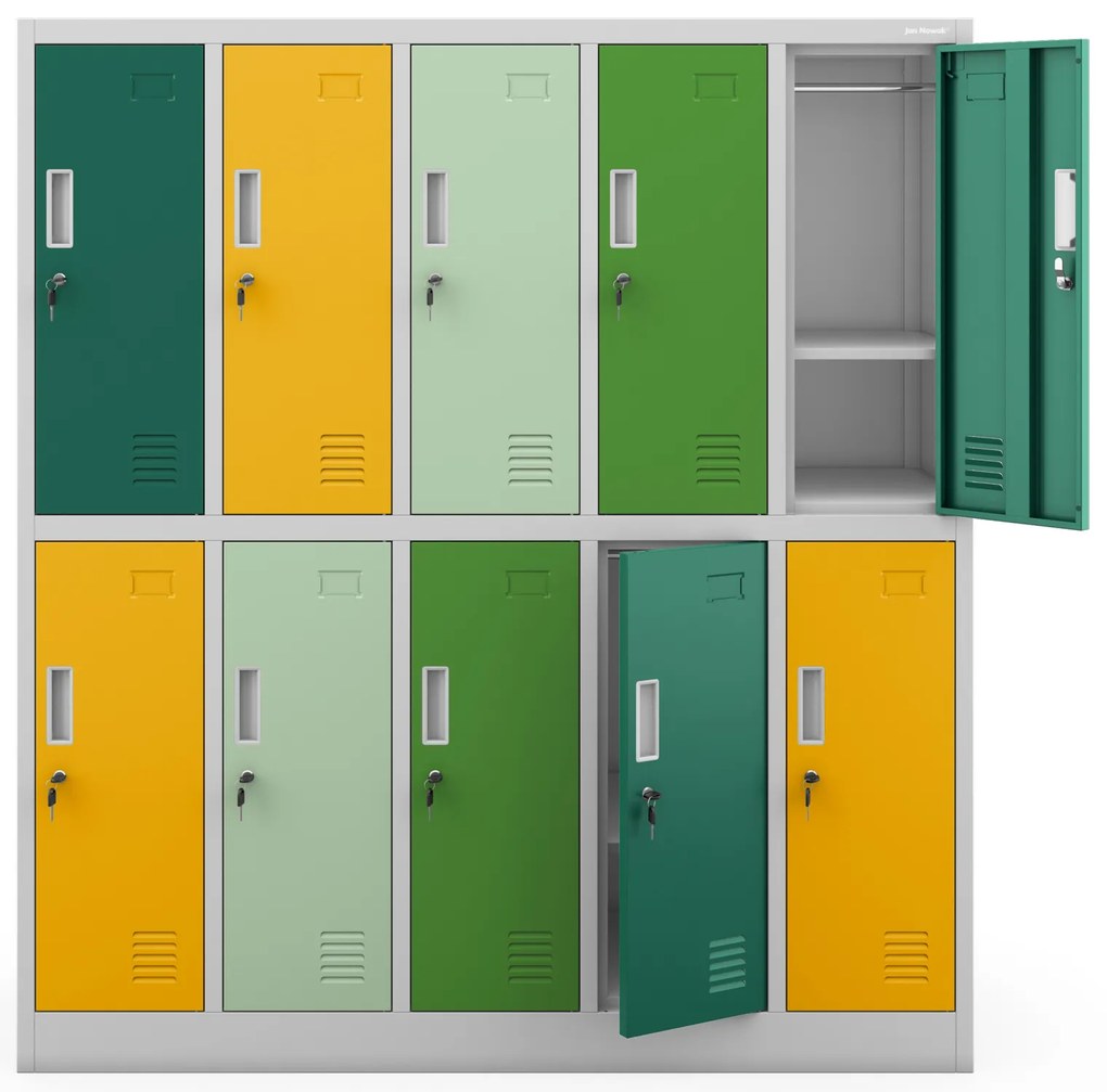 Fém szekrény, 10 rekeszes BARTUŚ, 1360 x 1500 x 450 mm, szürke-többszínű