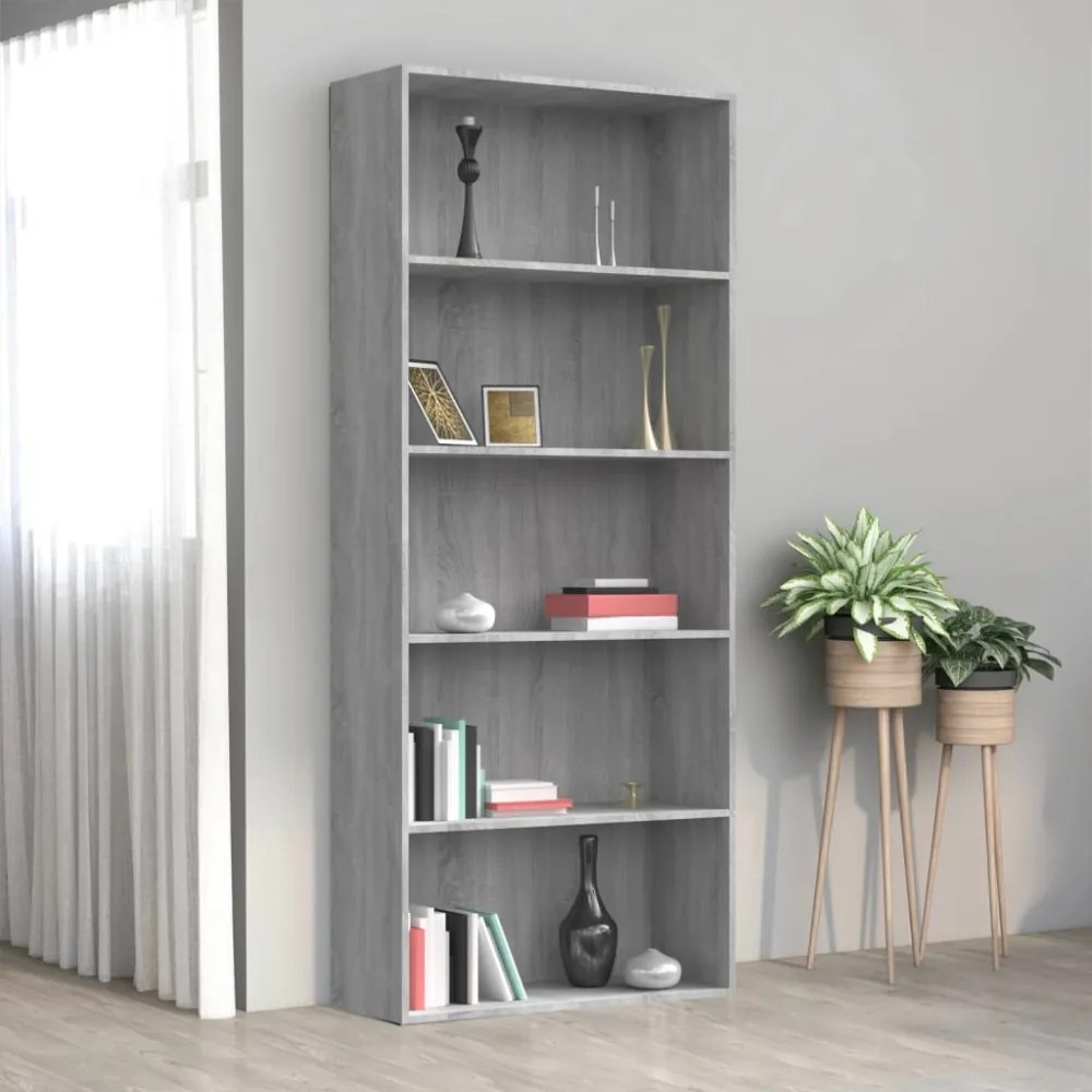 5 szintes szürke sonoma szerelt fa könyvszekrény 80x30x189 cm
