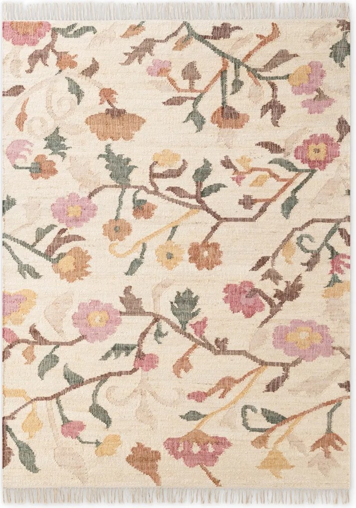 Juta szőnyeg nappaliba 200x300cm, krémszínű, színes virágokkal, rojtokkal
