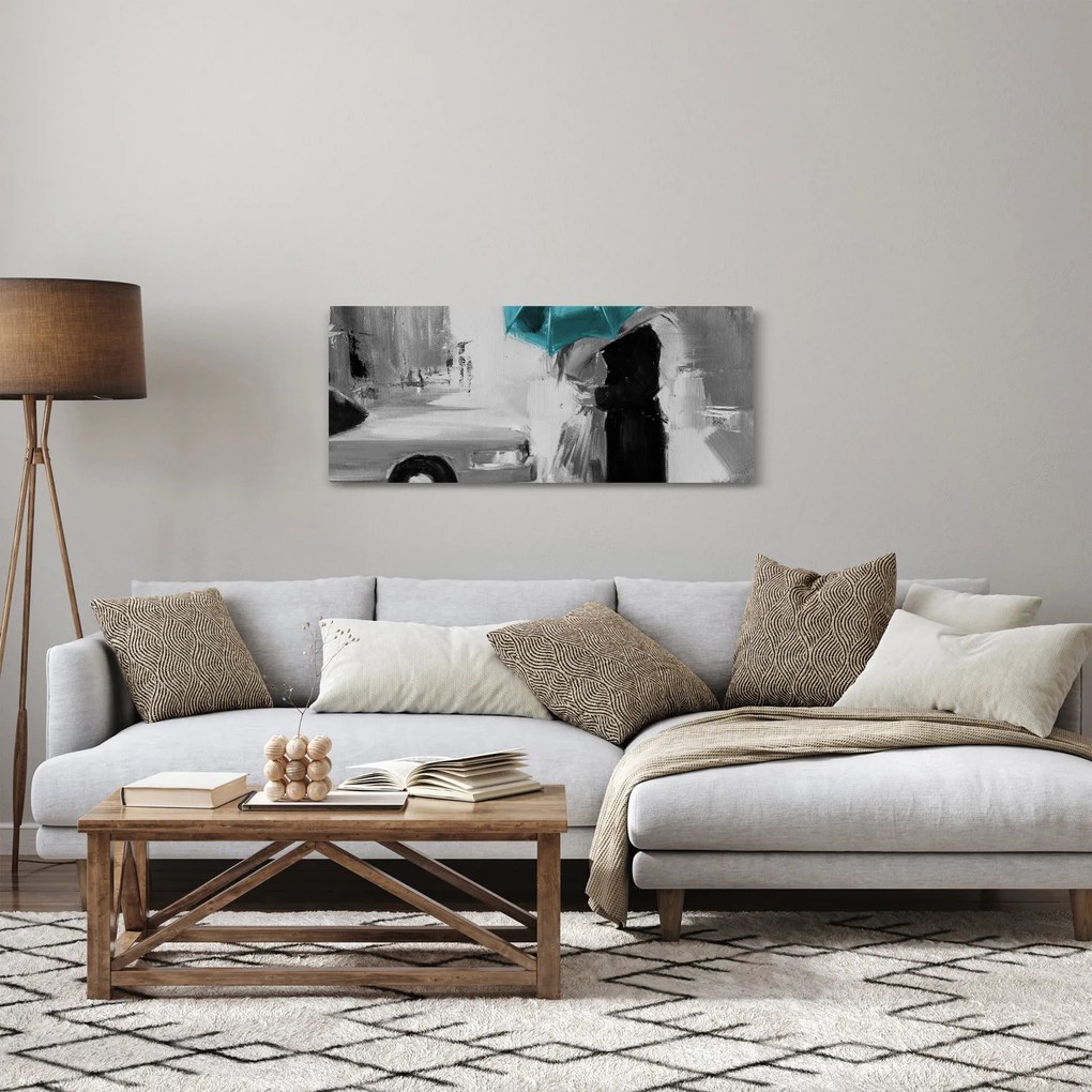 Kép - Szerelmes pár esernyővel, kék (120x50 cm)