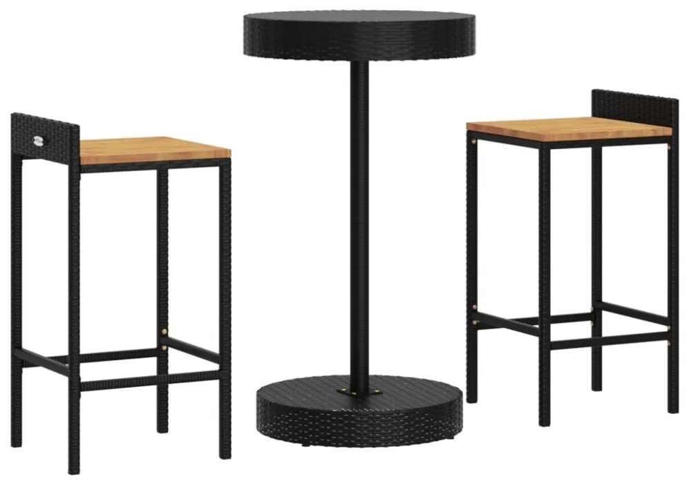 3 részes fekete polyrattan és tömör akácfa kerti bárszett