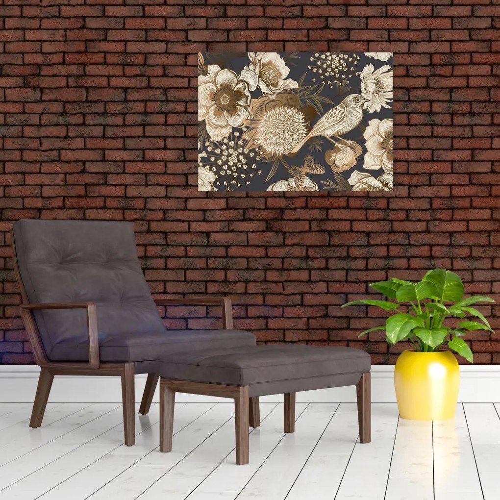 Sötét alapon arany virágok képe (üvegen) (70x50 cm)