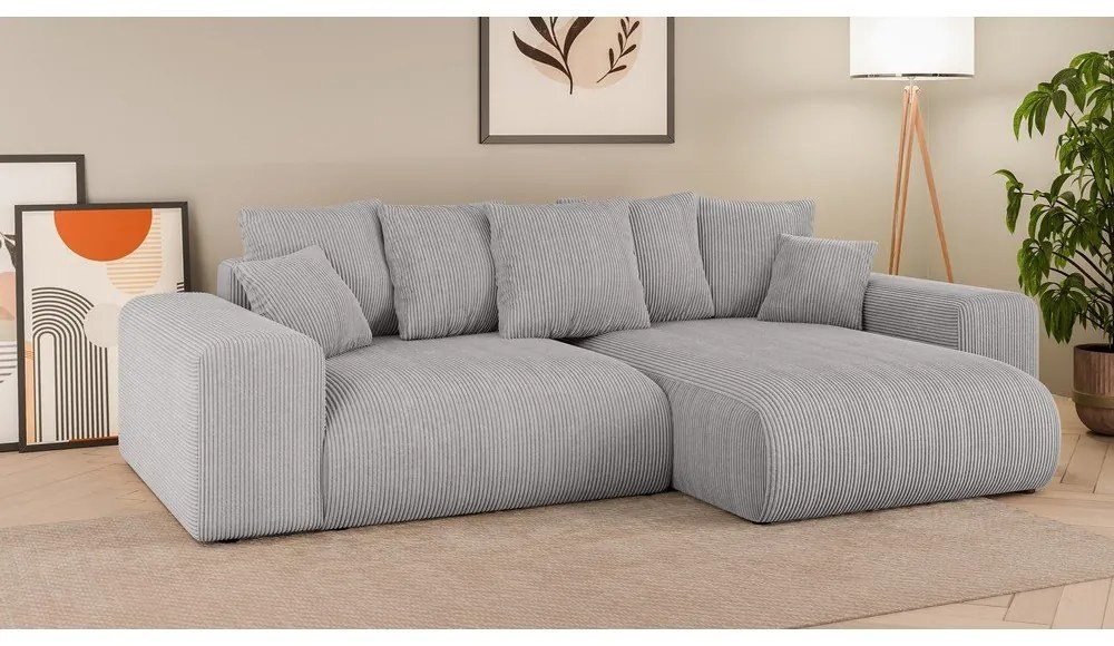 Világosszürke kordbársony kinyitható tárolóhelyes sarokkanapé (variálható sarok) Luma – Ropez
