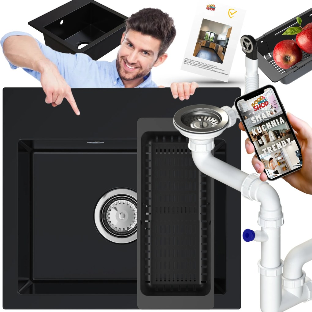 Konyhai mosogató Gránit egymedencés Ella Szifon Króm Csepegtető