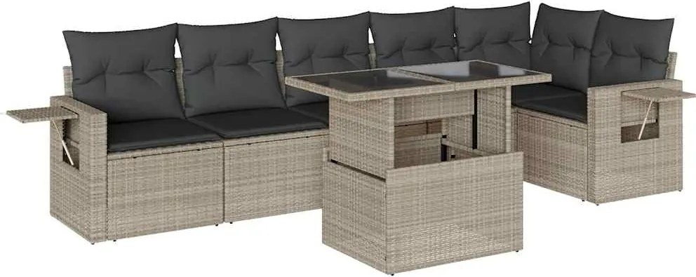 vidaXL 7 részes világosszürke polyrattan kerti ülőgarnitúra párnákkal