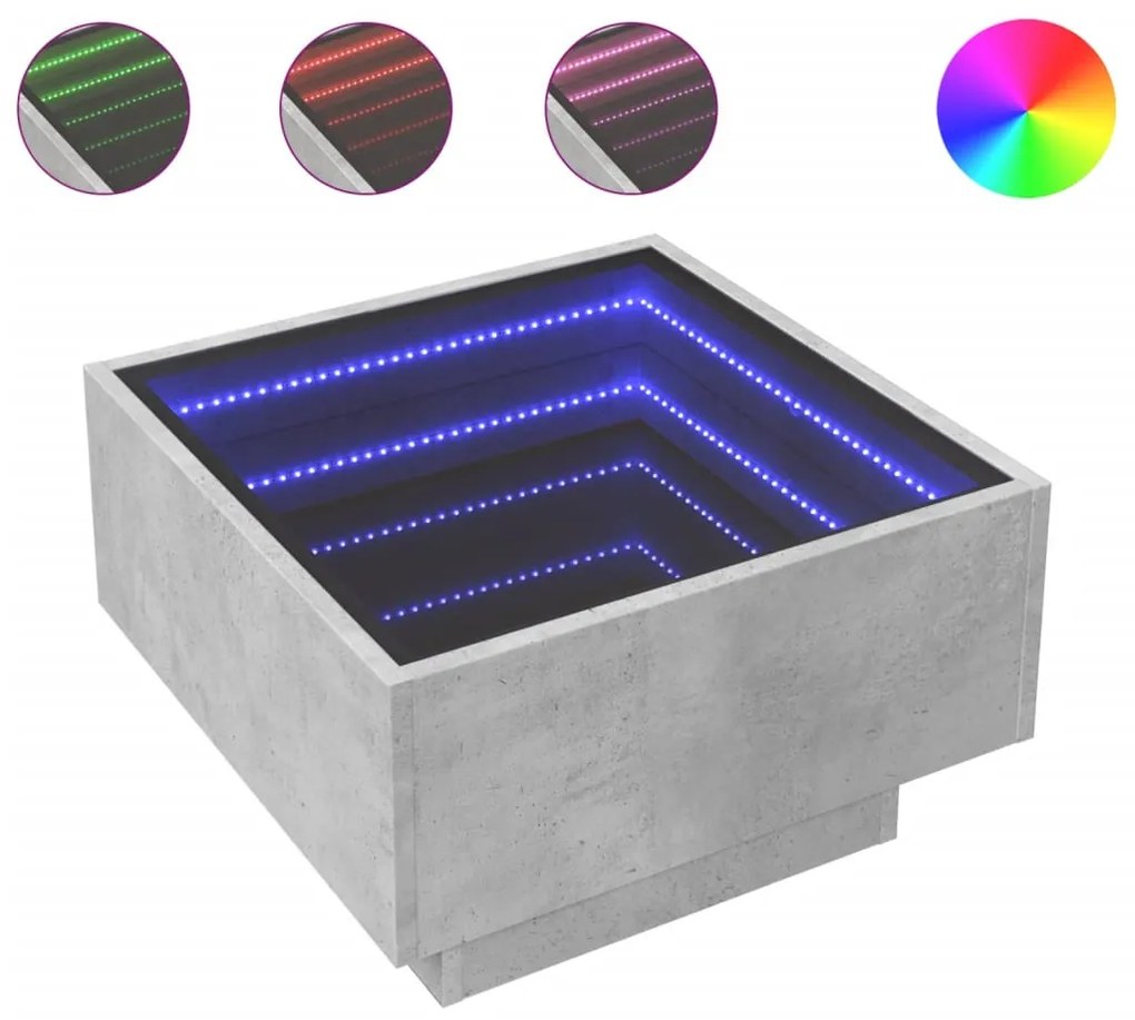 Betonszürke szerelt fa dohányzóasztal LED-del 50 x 50 x 30 cm