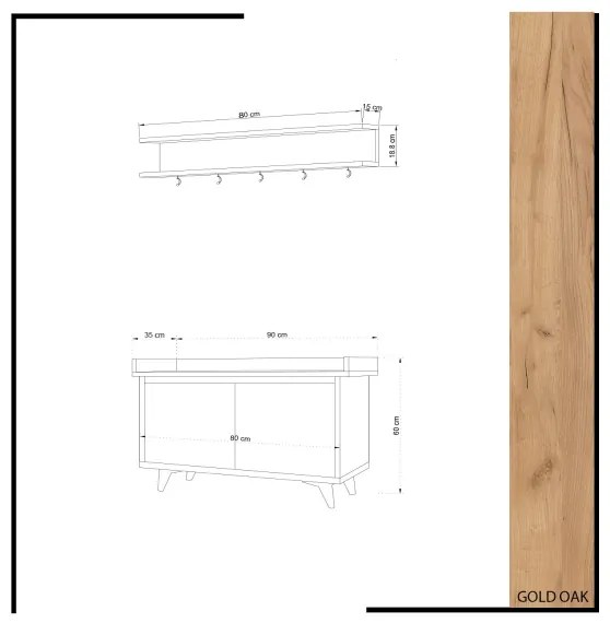 Fali akasztó ARASSO 18,8x80 cm + cipősszekrény 60x90 fehér/barna