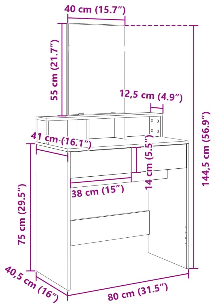 füstös tölgy színű fésülködőasztal tükörrel 80 x 41 x 144,5 cm