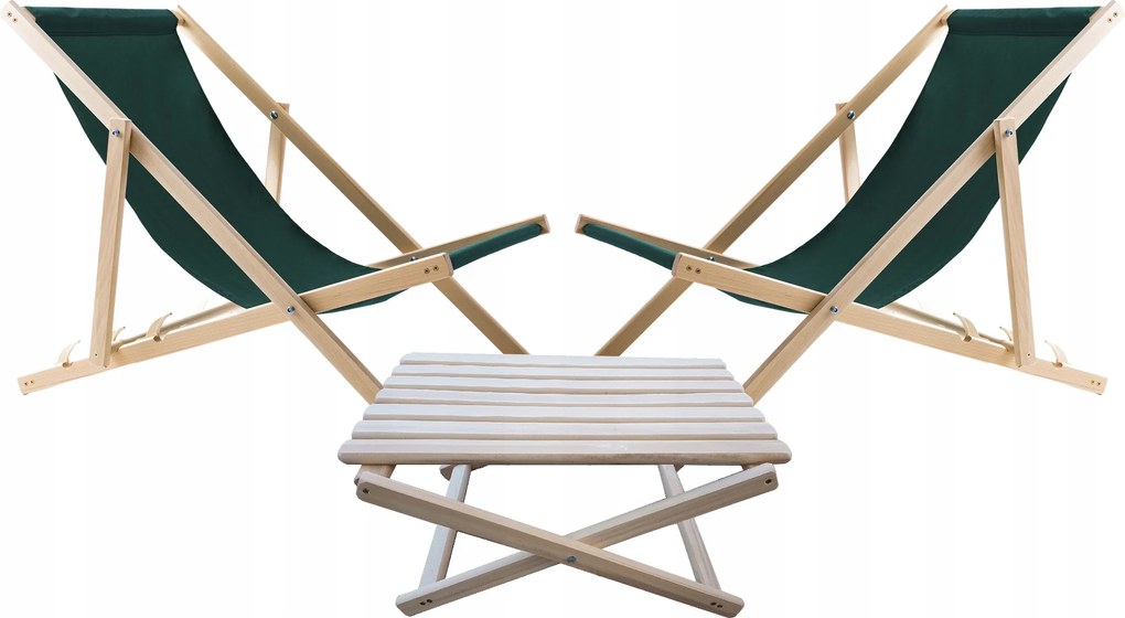 2X Kerti Napozóágy Fából Woodok Zöld Dohányzóasztal