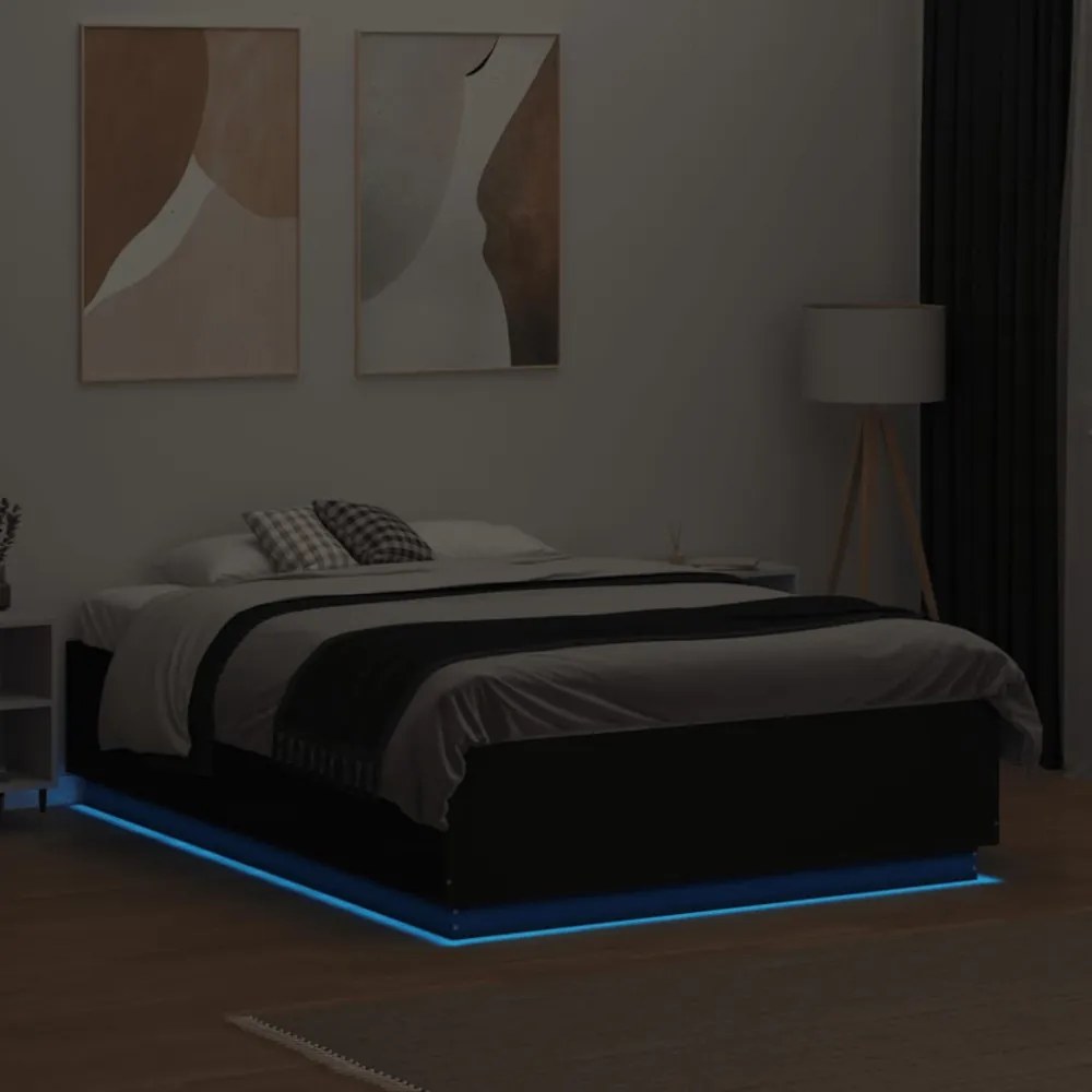 fekete szerelt fa ágykeret LED-del 135 x 190 cm