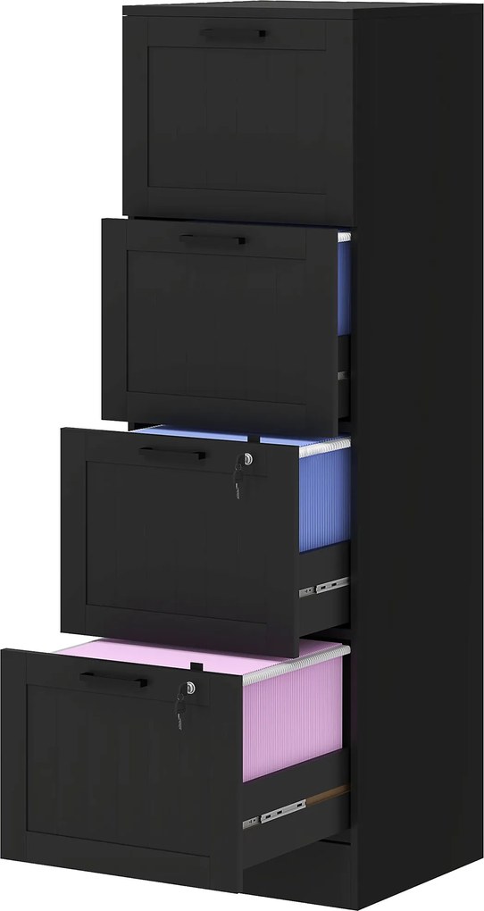 HOMCOM 4-fiókos Irattartó Állítható Síkkal, 2 Kulccsal és 2 Zárral, MDF Irodai Szekrény A4 és Levélméretű Dokumentumokhoz, 40x40x131 cm, Fekete | Aoso