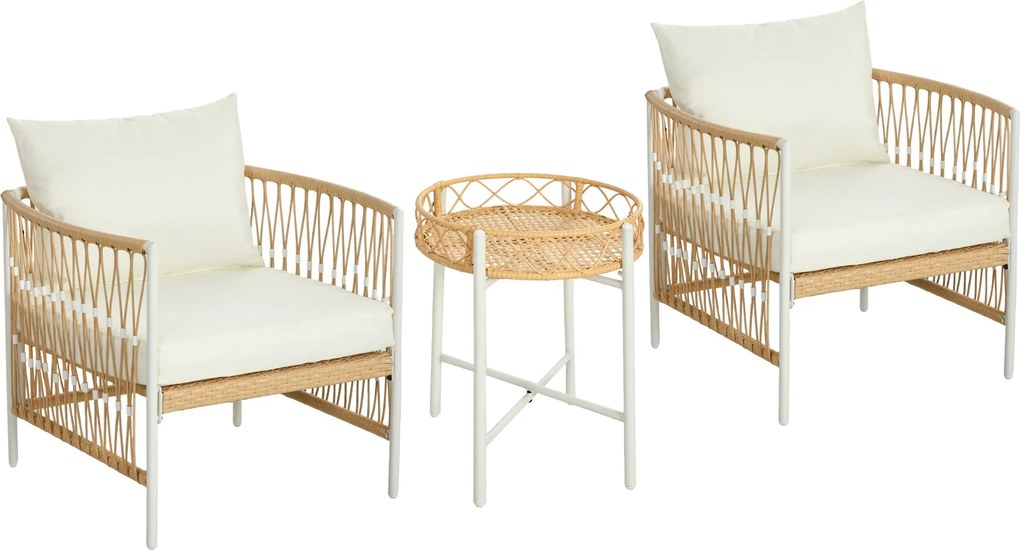 Outsunny 3 részes Rattan Kerti Bútor Szett, Terasz Bútor 2 Kerti Székkel, Kávézó Asztallal, Erkély Bútor Szett Párnákkal, Sárga+Krém | Aosom