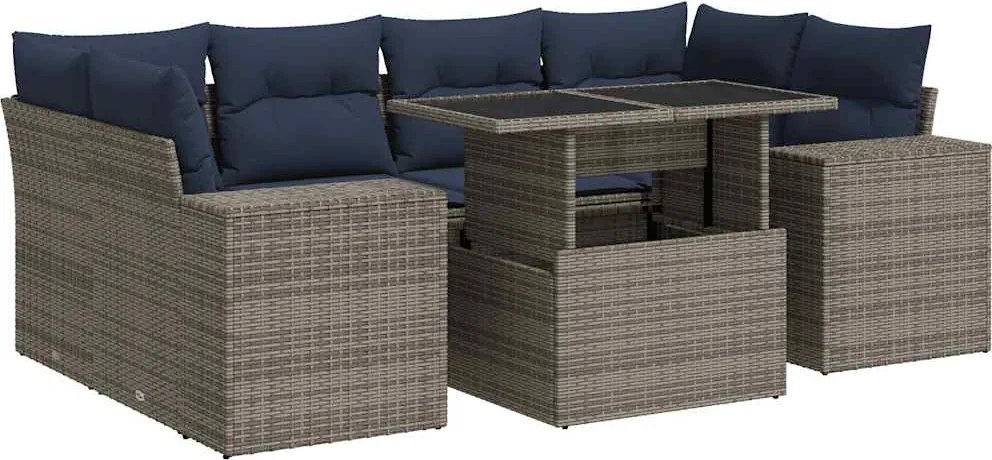 vidaXL 7 részes szürke polyrattan akácfa kerti ülőgarnitúra párnákkal