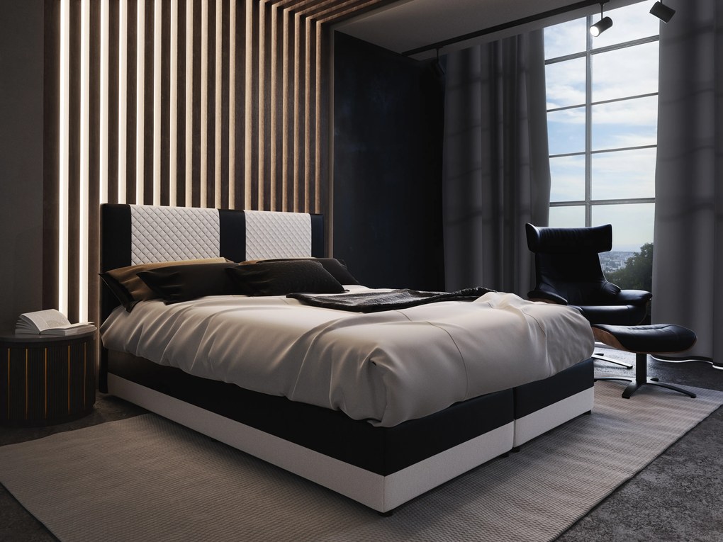 Franciaágy  Boxspring 140 cm Pecos Comfort (öko-bőr  + fehér + fekete) (matraccal és tárolóhellyel). 1056264