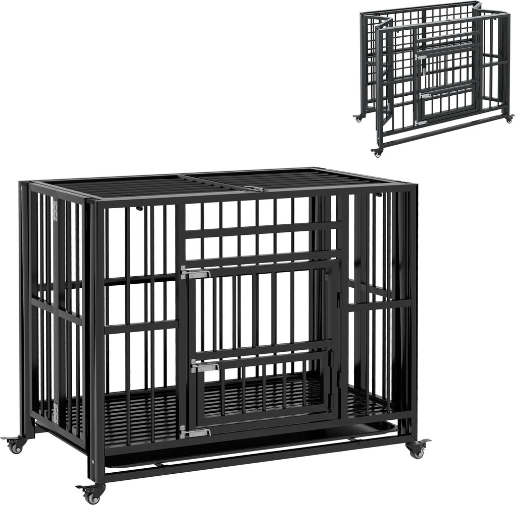 PawHut Kutya Ketrec, Állatketrec, Összecsukható Kutya Ház Kicsi és Közepes Kutyák Számára, Kutya Ketrec Két Ajtóval, Kerekekkel, Acél, Fekete, 94 x 58