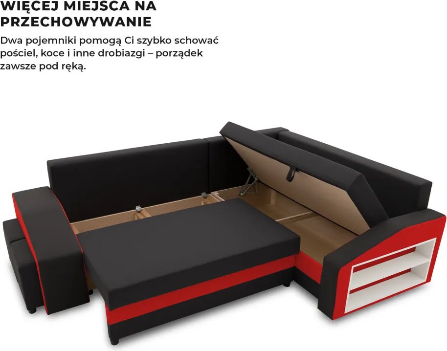 Grande sarokkanapé polcokkal és puffokkal , polc a jobb karfaban puffok a bal karfaban, jobboldali, szövet anyag, hab töltet, fekete - piros