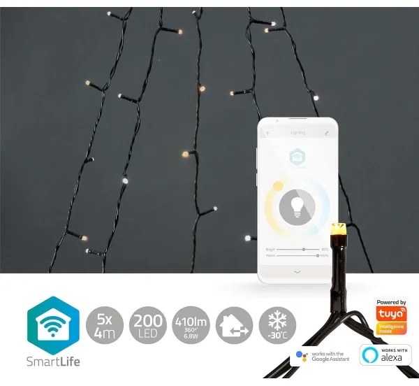 Nedis WIFILXT12W200 - LED karácsonyi fényfüggöny, 200 db LED / 8 világítási mód, 5×4 m, IP65, Wi‑Fi Tuya
