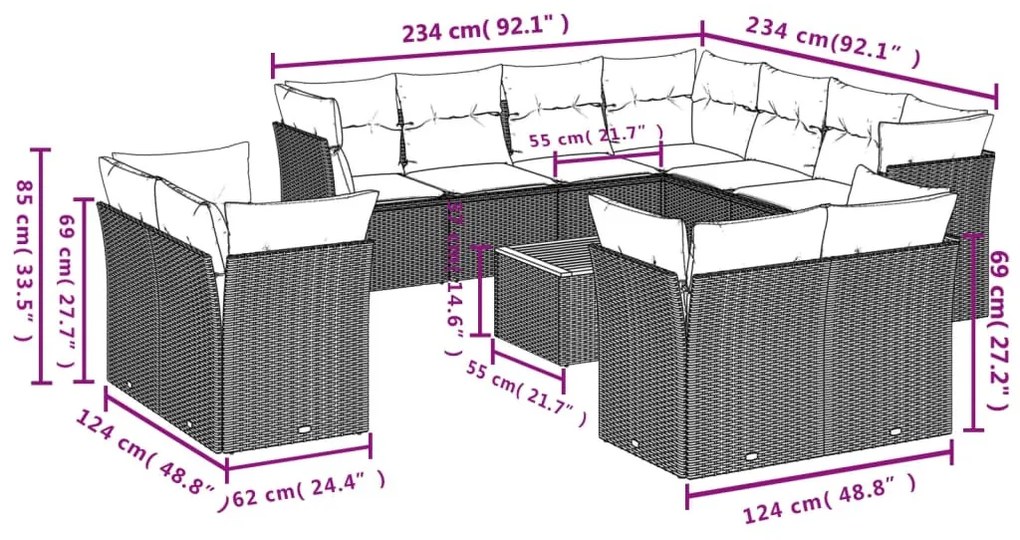 12 részes szürke polyrattan kerti ülőgarnitúra párnákkal