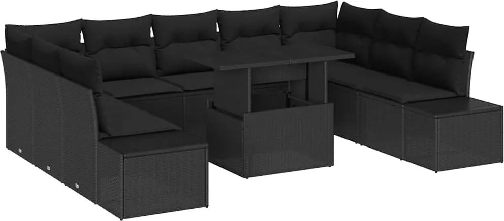 vidaXL Kerti Kanapé Szett tárolóval 10 pcs Fekete Poli rattan
