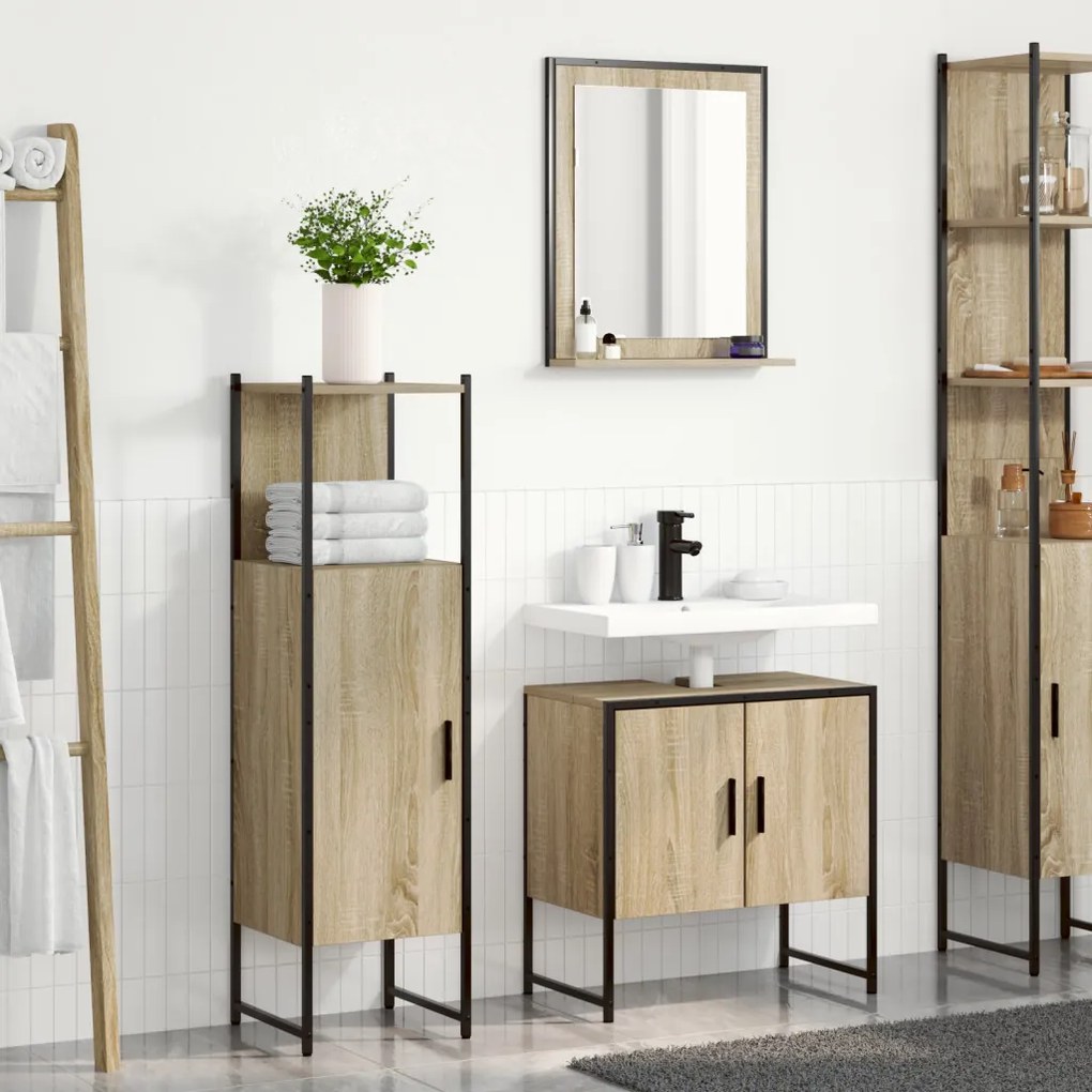 3 darabos Fürdőszoba Bútor Szett Sonoma tölgy Műanyag, Fürdőszoba Tükör Polccal Sonoma tölgy 50x12x60 cm Műanyag
