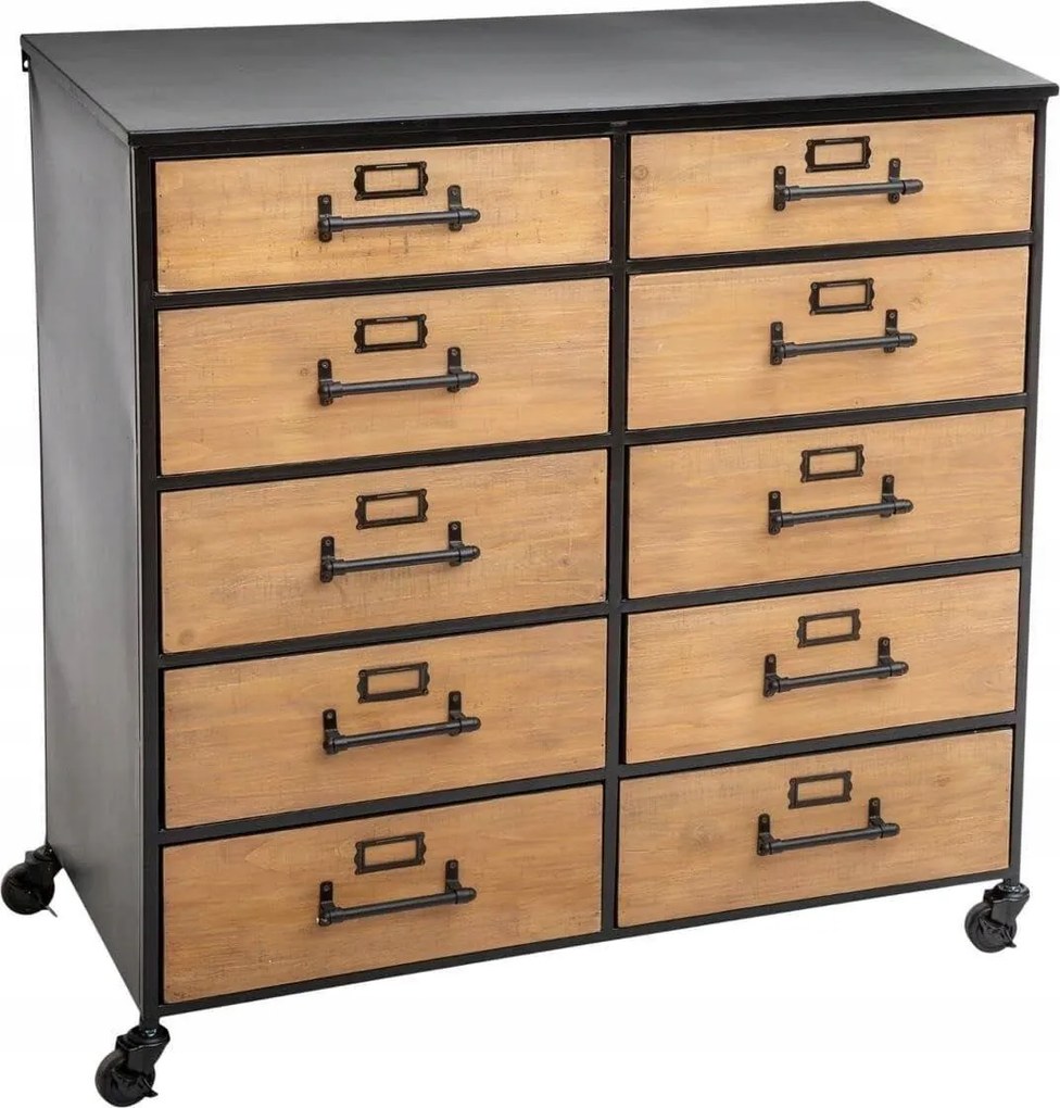 Gurulós komód 10 fiókos loft fém, fekete