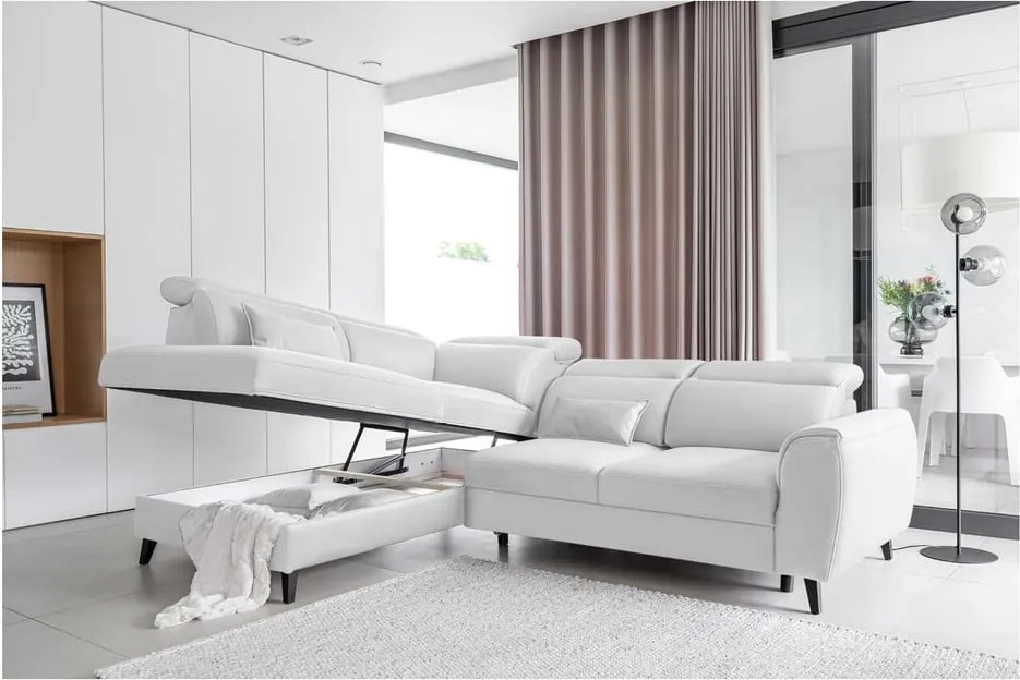 Fehér bársony kinyitható-tárolóhelyes sarokkanapé (bal oldali-L alakú) Noble – ELTAP