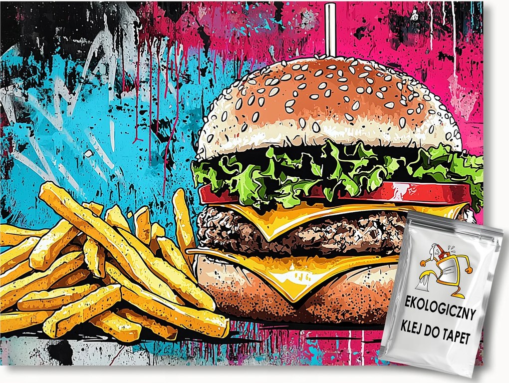 Fotótapéta Flizelina Fal Tégla Graffiti Hamburger Hasábburgonya 200x140 ragasztó