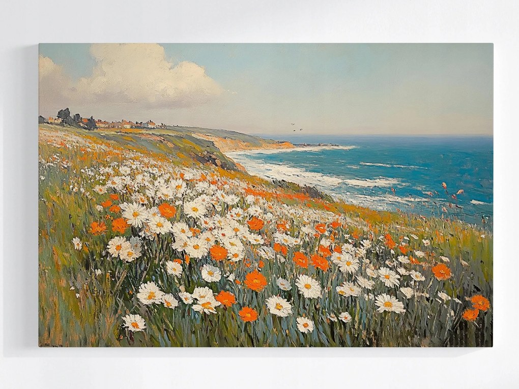 Poszter Tájkép Tenger Szikla Rét Virágok Pipacsok Margaréták 120x80