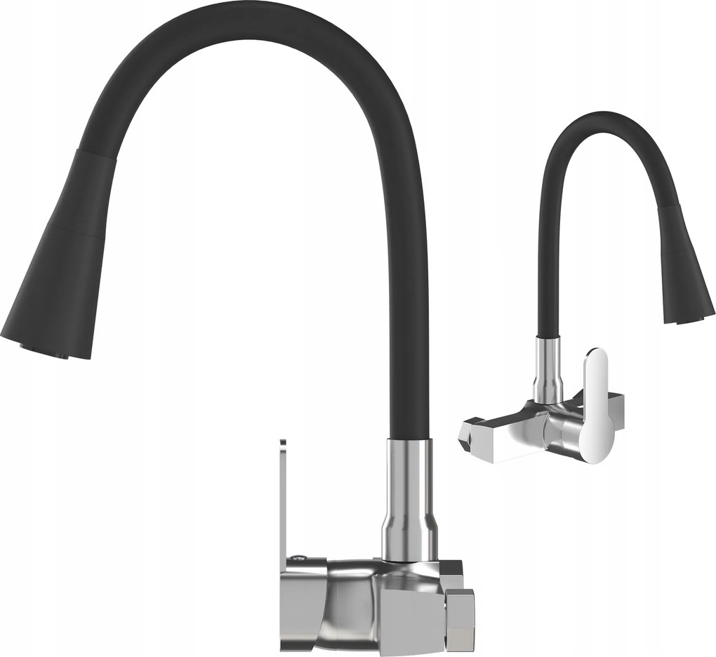 Flexibilis Konyhai Csaptelep Falra Szerelhető Hajlítható Kiömlő Csap Fekete Króm Mosogató