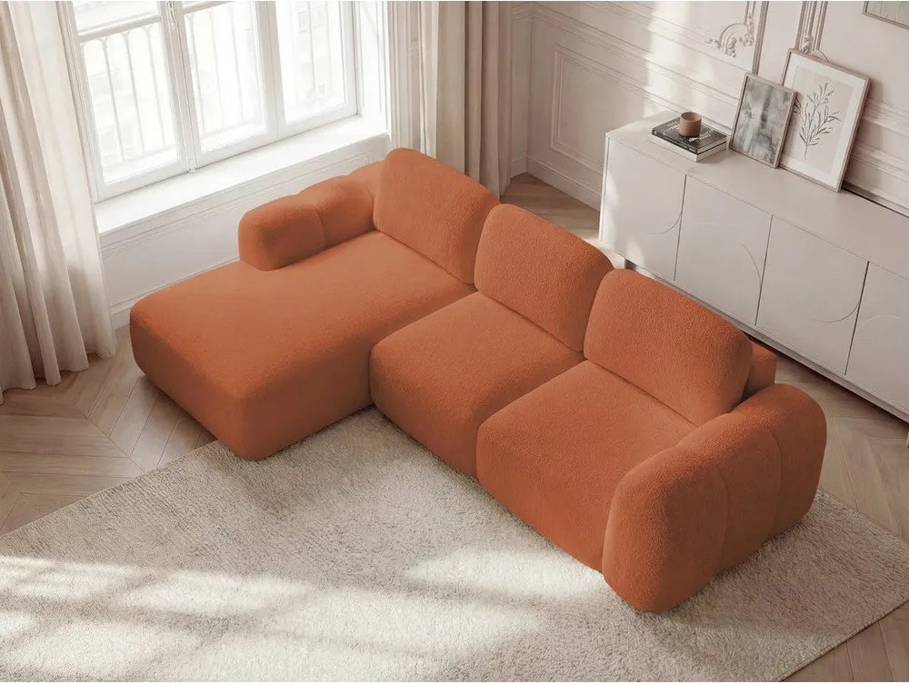 Narancssárga buklé kinyitható-tárolóhelyes sarokkanapé (bal oldali-heverő résszel) Montaigne – Bobochic Paris