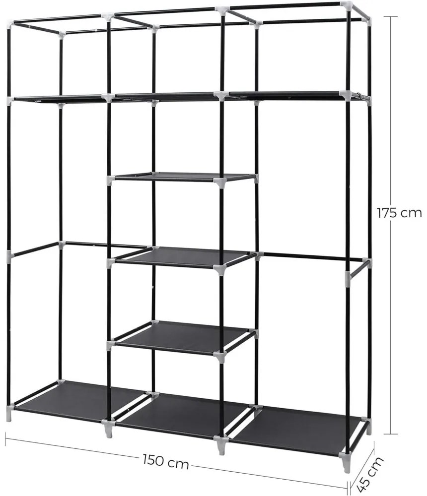 Szövet ruhatároló szekrény hordozható gardrób, fekete 175 x 150 x 45 cm