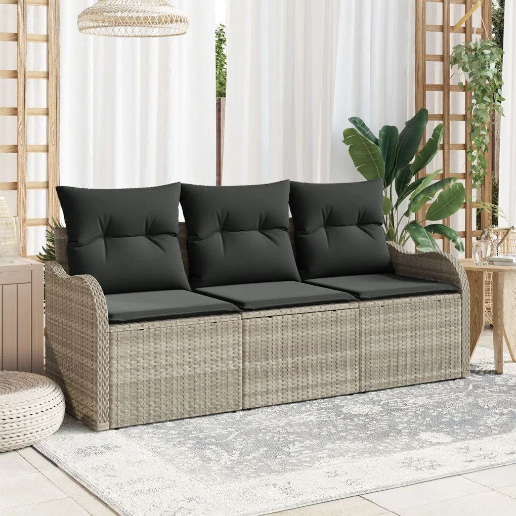 3 darabos kerti kanapészett párnákkal Világosszürke Poli Rattan, 2 személyes kerti kanapé tárolóval és párnákkal Világosszürke Poli Rattan