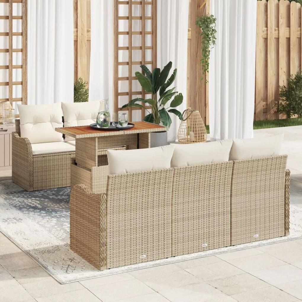 6 darabos kerti sofa készlet párnákkal bézs poli rattan akácfával, 2-személyes kerti sofa párnákkal bézs poli rattan