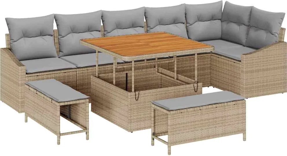 vidaXL Kerti Kanapé Szett párnával tárolóval 9 pcs Bézs Poli rattan