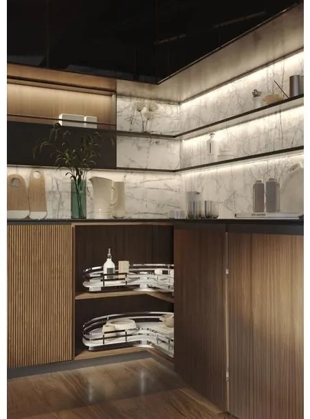 Konyhai fémrács, sarokszekrénybe, 3/4 kör kosár, króm-fehér, 810mm átmérő, oszloppal, 400mm ajtókhoz, Sige Infinity Plus 361