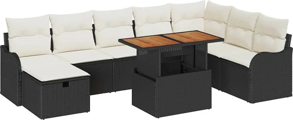 vidaXL Kerti Kanapé Szett 9 pcs Fekete polirattan