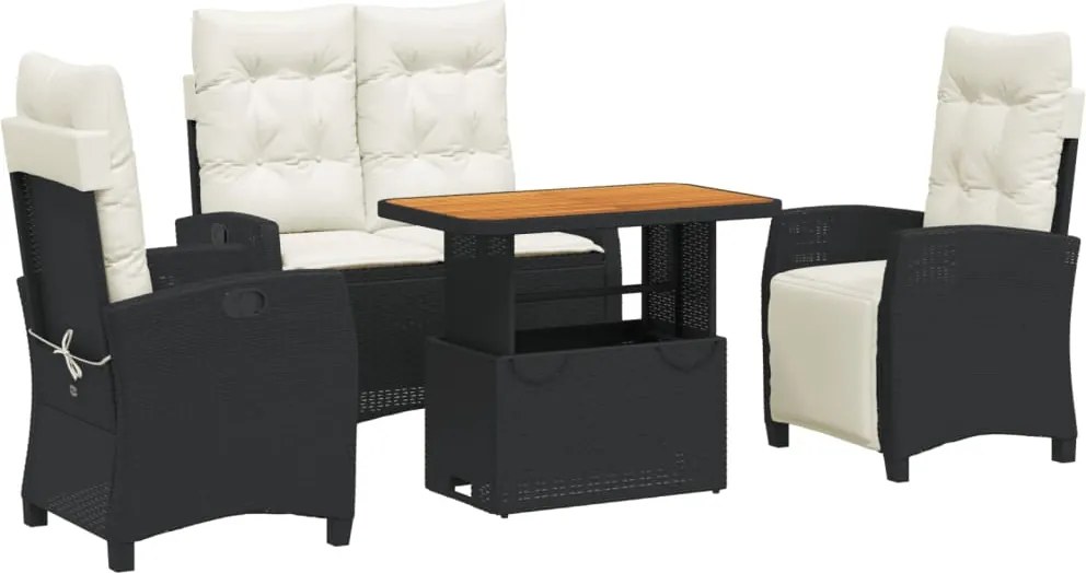 vidaXL 4 részes fekete polyrattan kerti étkezőszett párnákkal