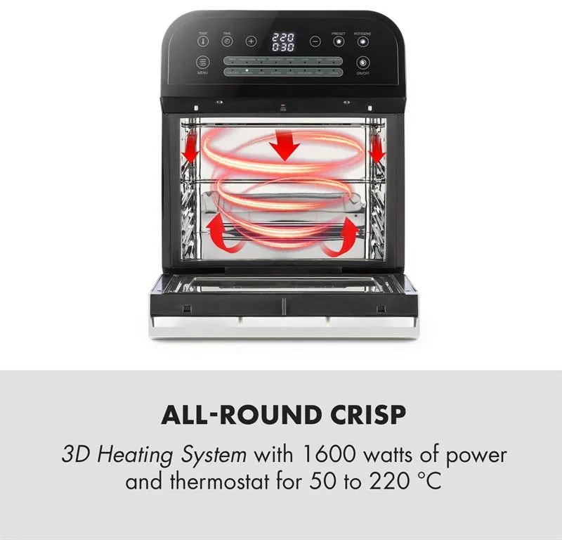 Klarstein AeroVital Cube, forrólevegős fritőz, 1600 W, 12 l, időzítő, 16 program, fekete