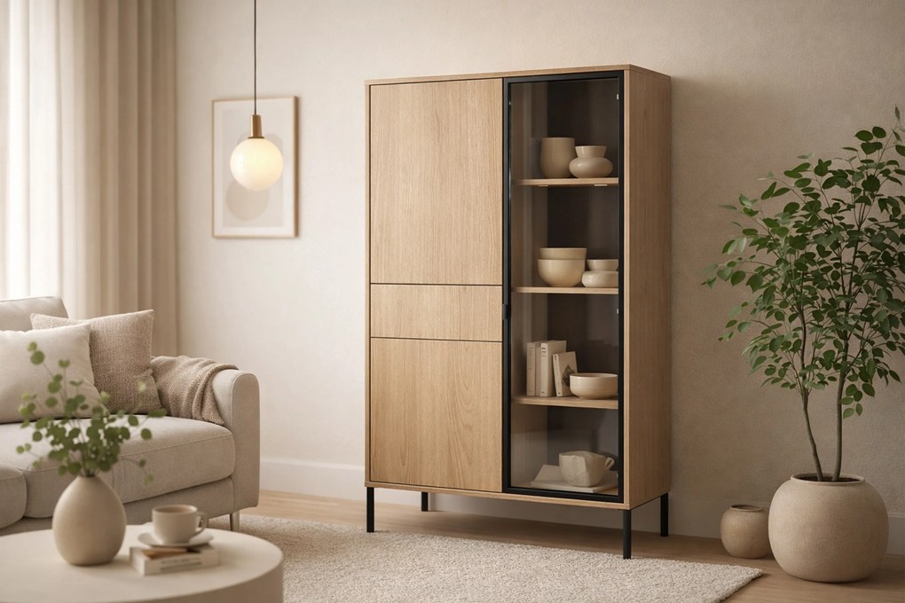 Harmona magas vitrin 92 cm fiókkal és világítással - lindberg tölgy