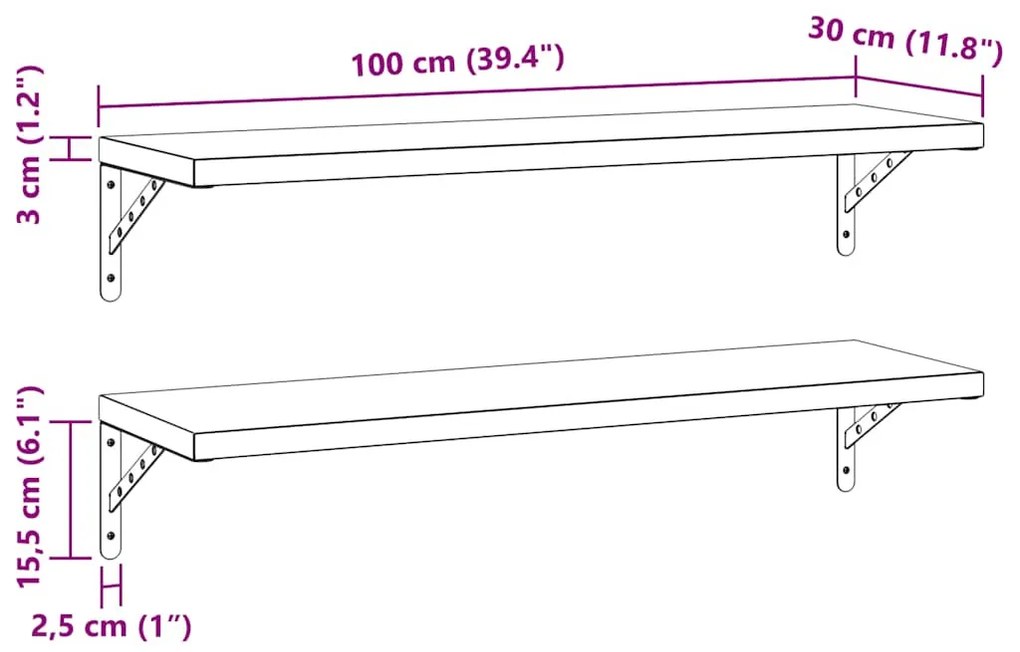 2 db ezüstszínű rozsdamentes acél fali polc 100 x 30 cm