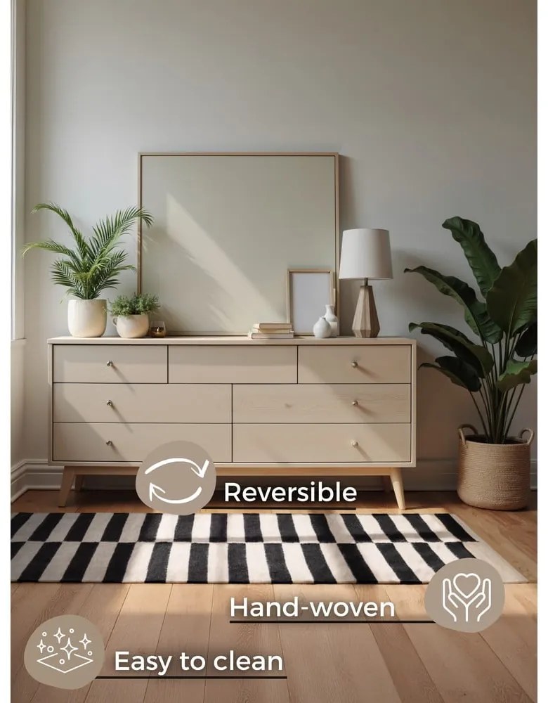 Fekete-fehér kétoldalas kézi szövésű gyapjú szőnyeg 80x150 cm Donna – Hanse Home
