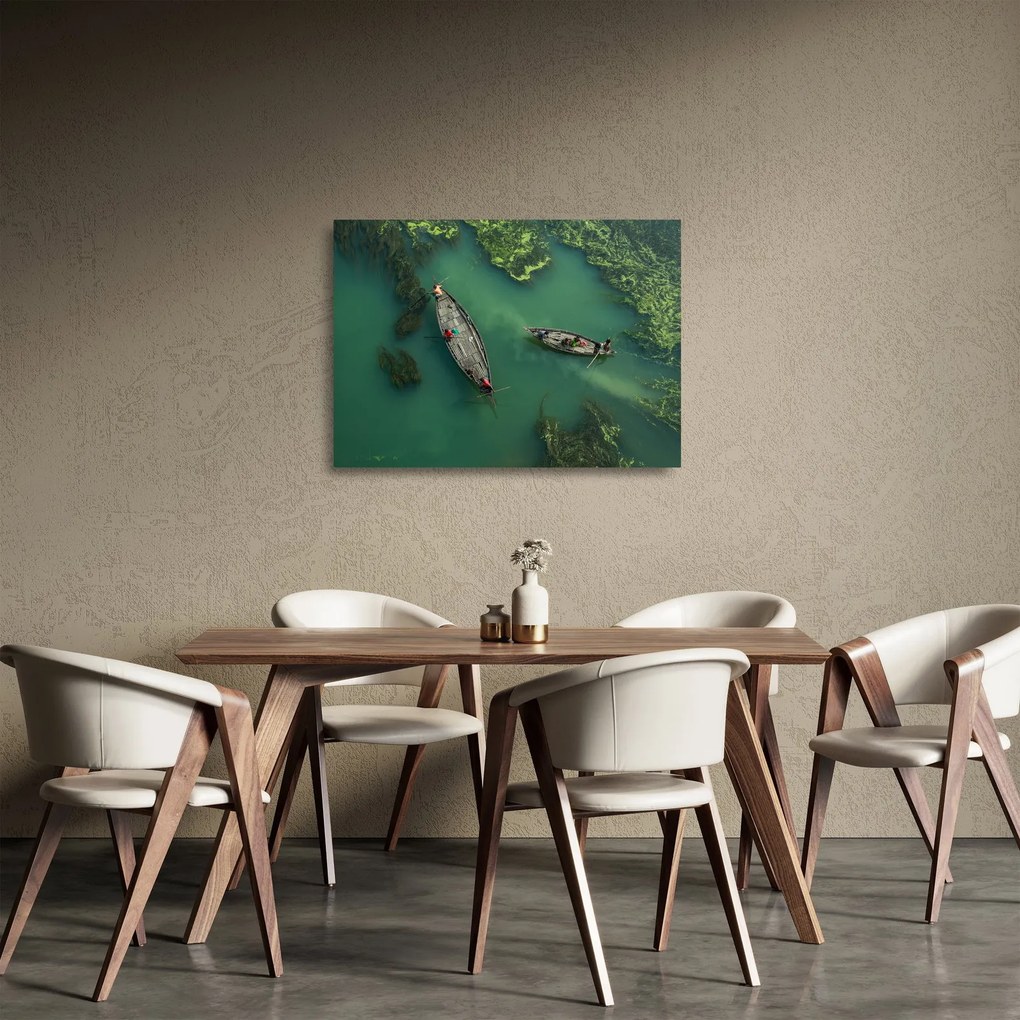 Üveg kép - Horgászok a folyón (70x50 cm)