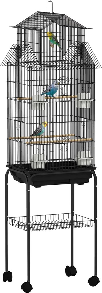 PawHut Madáretető Kerekekkel, Acél Madárház Etetőkkel, Ülőrudakkal, Hinta és Kivehető Tálca - Nagy Ketrec Papagájok, Kanárik, Hullámos Papagájok Számá