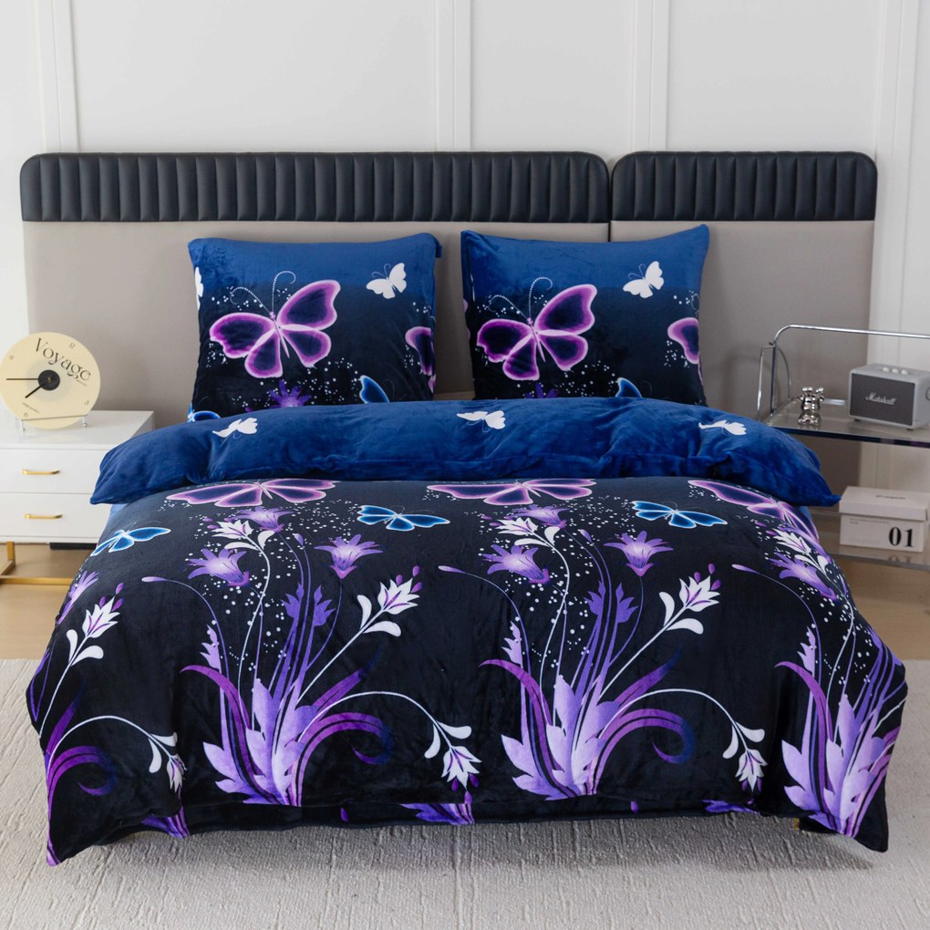 Mikroplüss ágyneműhuzat szett VIOLET BUTTERFLY sötétkék + mikroplüss lepedő SOFT 90x200 cm fehér, egyszemélyes ágyhoz