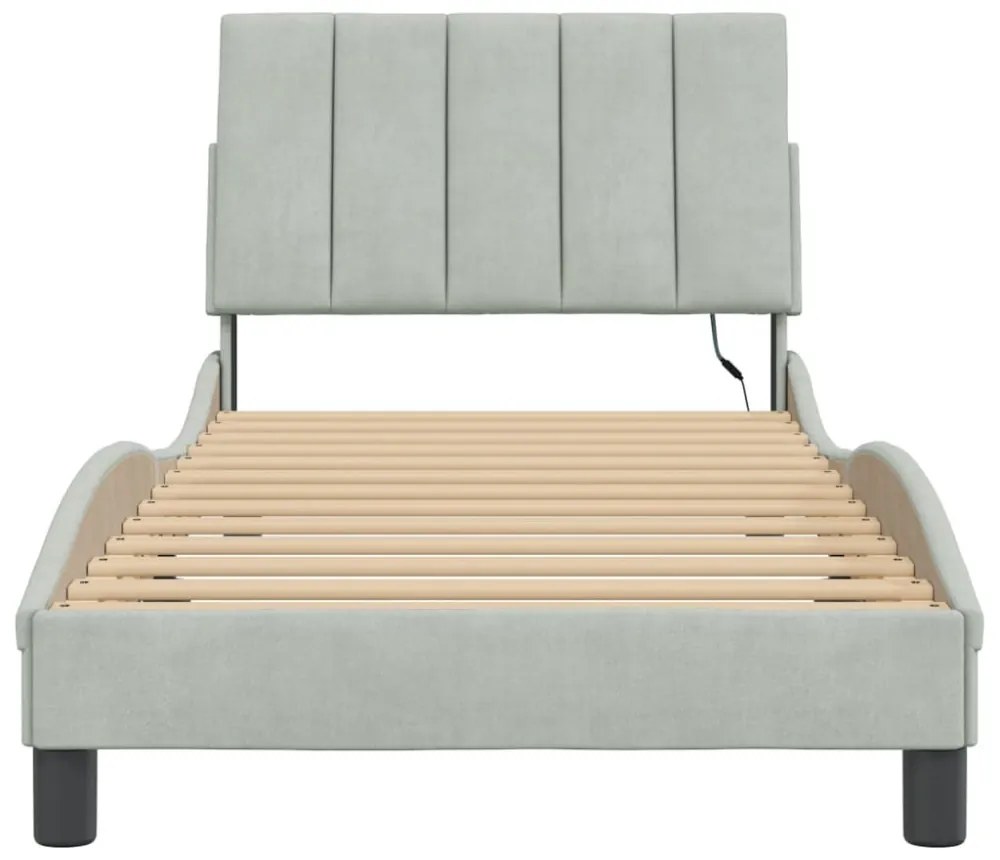 világosszürke bársony ágykeret LED-ekkel matrac nélkül Hanko 90 x 200 cm